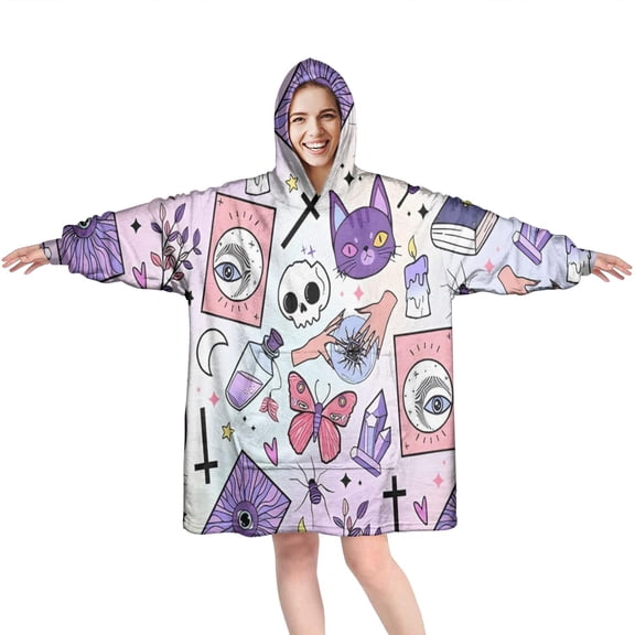 Wearable Oversized Blanket,Purple Gothic Cat Crystal Pattern Wearable Blanket Hoodie for Adults,Cozy Hooded Blankets with Super Pockets,Super Warm Fuzzy Pullover for Women & Men