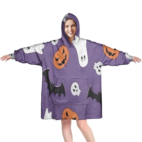 Wearable Oversized Blanket,Purple Halloween Ghosts Skulls and Bats Wearable Blanket Hoodie for Adults,Cozy Hooded Blankets with Super Pockets,Super Warm Fuzzy Pullover for Women & Men