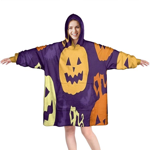Wearable Oversized Blanket,Purple Halloween Jack Lanterns Wearable Blanket Hoodie for Adults,Cozy Hooded Blankets with Super Pockets,Super Warm Fuzzy Pullover for Women & Men