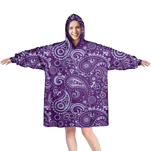 Wearable Oversized Blanket,Purple Paisley Pattern Wearable Blanket Hoodie for Adults,Cozy Hooded Blankets with Super Pockets,Super Warm Fuzzy Pullover for Women & Men