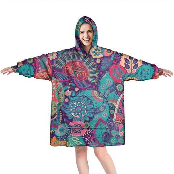 Wearable Oversized Blanket,Purple Pioneer Flower and Paisley Pattern Wearable Blanket Hoodie for Adults,Cozy Hooded Blankets with Super Pockets,Super Warm Fuzzy Pullover for Women & Men