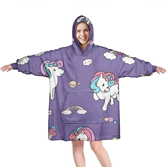 Wearable Oversized Blanket,Purple Unicorn Dessert Pattern Wearable Blanket Hoodie for Adults,Cozy Hooded Blankets with Super Pockets,Super Warm Fuzzy Pullover for Women & Men