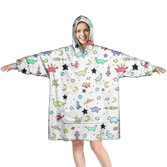 Wearable Oversized Blanket,Rainbow Dinosaurs Rockets Pattern Wearable Blanket Hoodie for Adults,Cozy Hooded Blankets with Super Pockets,Super Warm Fuzzy Pullover for Women & Men