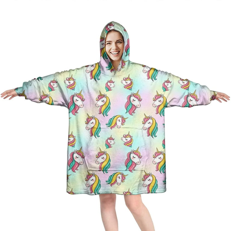 Wearable Oversized Blanket,Rainbow Gradient Cartoon Unicorn