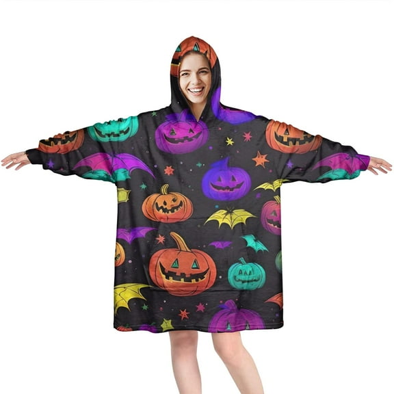 Wearable Oversized Blanket,Rainbow Halloween Pumpkins Pattern Wearable Blanket Hoodie for Adults,Cozy Hooded Blankets with Super Pockets,Super Warm Fuzzy Pullover for Women & Men