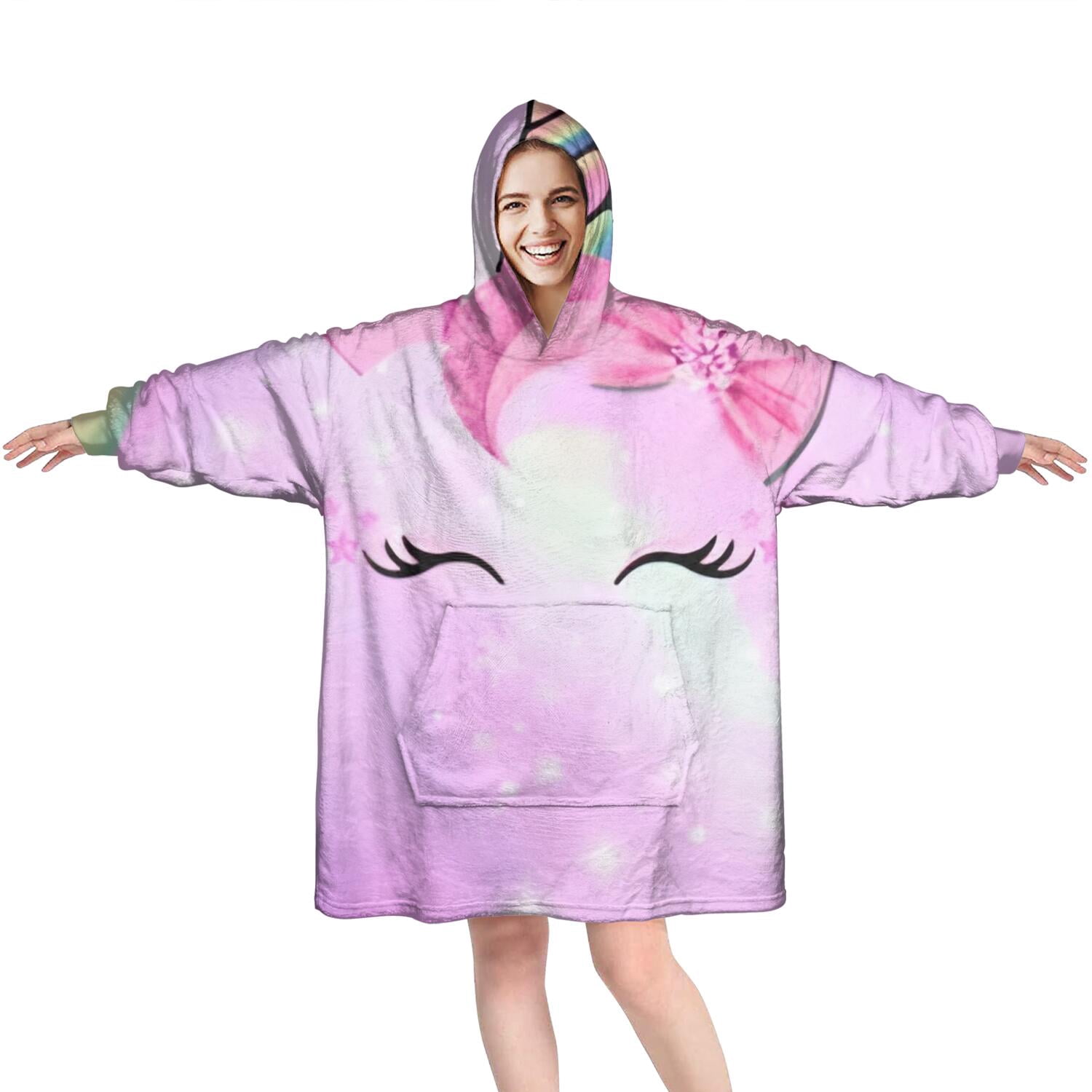 Wearable Oversized Blanket,Rainbow Unicorn Pattern Wearable Blanket Hoodie for Adults,Cozy Hooded Blankets with Super Pockets,Super Warm Fuzzy Pullover for Women & Men