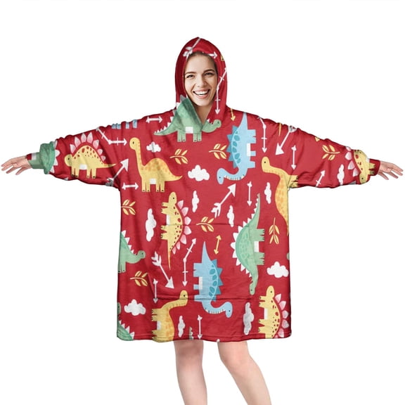 Wearable Oversized Blanket,Red Cartoon Dinosaurs Arrows Pattern Wearable Blanket Hoodie for Adults,Cozy Hooded Blankets with Super Pockets,Super Warm Fuzzy Pullover for Women & Men