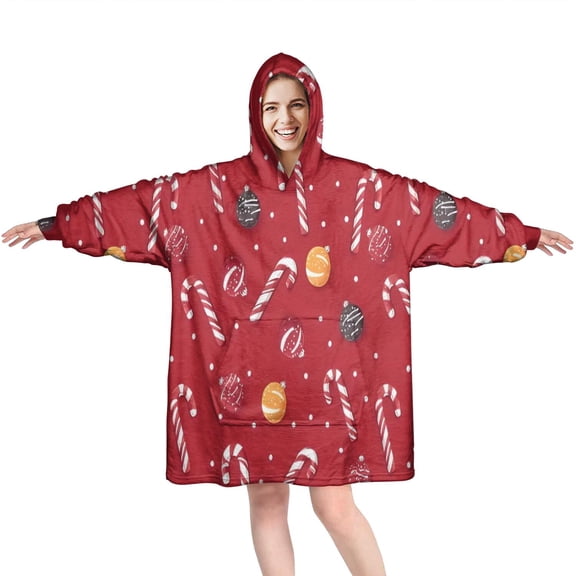 Wearable Oversized Blanket,Red Christmas Candy Cane Pattern Wearable Blanket Hoodie for Adults,Cozy Hooded Blankets with Super Pockets,Super Warm Fuzzy Pullover for Women & Men