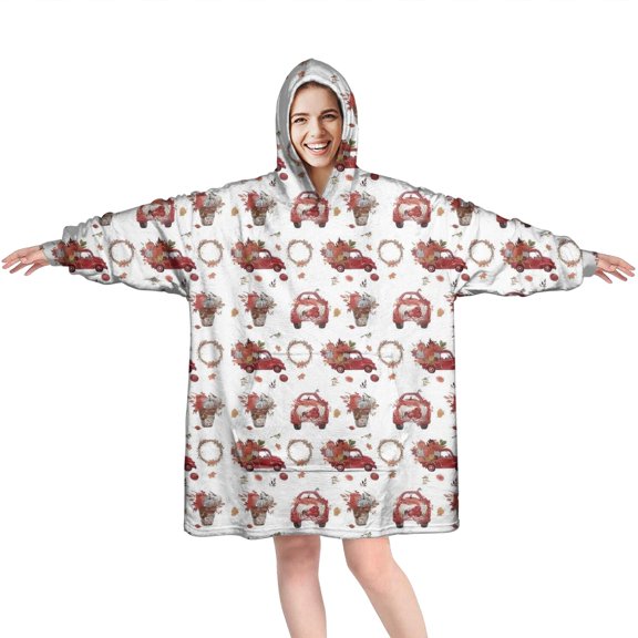 Wearable Oversized Blanket,Red Christmas Car and Flower Pattern Wearable Blanket Hoodie for Adults,Cozy Hooded Blankets with Super Pockets,Super Warm Fuzzy Pullover for Women & Men