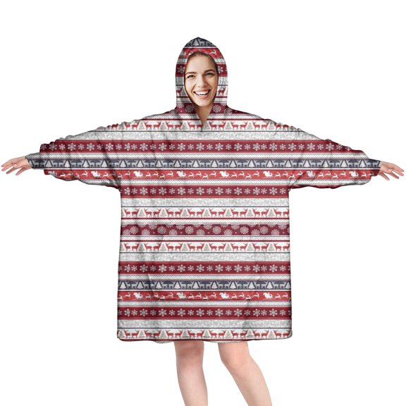 Wearable Oversized Blanket,Red Christmas Folk Pattern Wearable Blanket Hoodie for Adults,Cozy Hooded Blankets with Super Pockets,Super Warm Fuzzy Pullover for Women & Men
