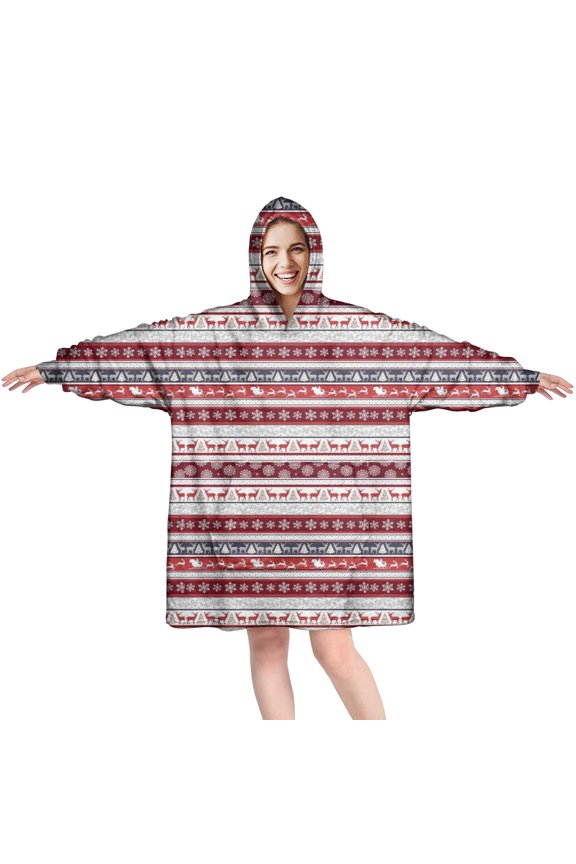 Wearable Oversized Blanket,Red Christmas Folk Pattern Wearable Blanket Hoodie for Adults,Cozy Hooded Blankets with Super Pockets,Super Warm Fuzzy Pullover for Women & Men