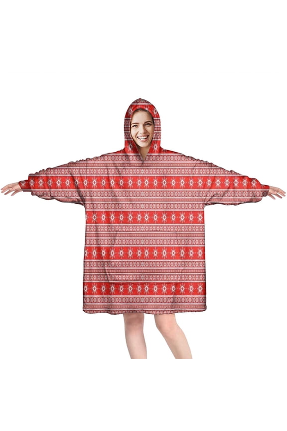 Wearable Oversized Blanket,Red Christmas Folk Pattern Wearable Blanket Hoodie for Adults,Cozy Hooded Blankets with Super Pockets,Super Warm Fuzzy Pullover for Women & Men