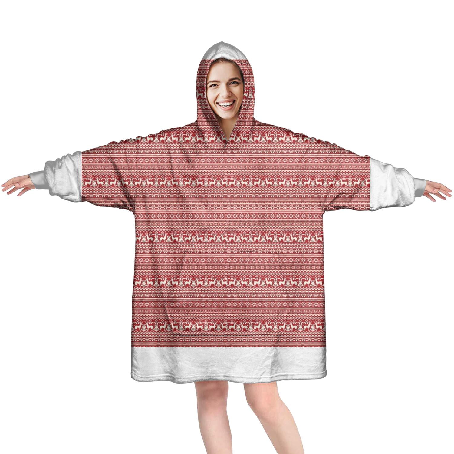 Wearable Oversized Blanket,Red Christmas Folk Pattern Wearable Blanket Hoodie for Adults,Cozy Hooded Blankets with Super Pockets,Super Warm Fuzzy Pullover for Women & Men