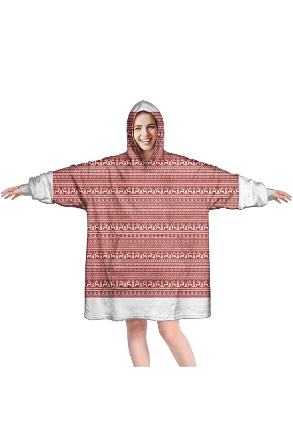 Wearable Oversized Blanket,Red Christmas Folk Pattern Wearable Blanket Hoodie for Adults,Cozy Hooded Blankets with Super Pockets,Super Warm Fuzzy Pullover for Women & Men