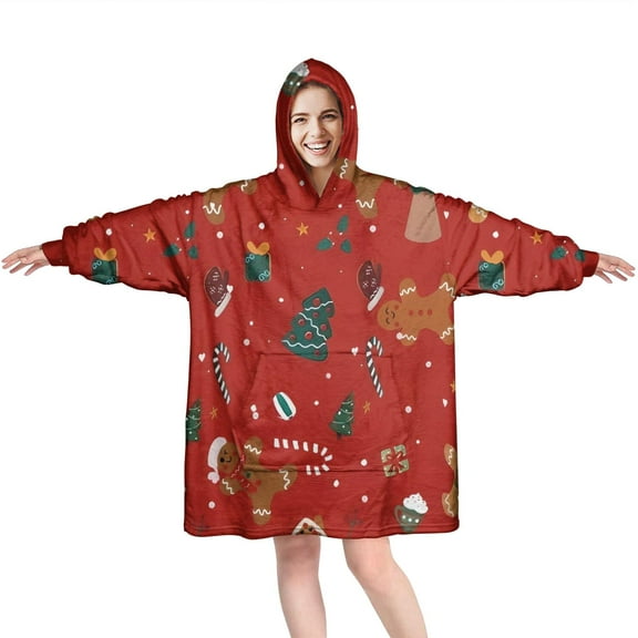 Wearable Oversized Blanket,Red Christmas Gingerbread Man Pattern Wearable Blanket Hoodie for Adults,Cozy Hooded Blankets with Super Pockets,Super Warm Fuzzy Pullover for Women & Men