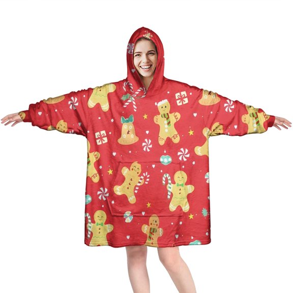 Wearable Oversized Blanket,Red Christmas Gingerbread Man Pattern Wearable Blanket Hoodie for Adults,Cozy Hooded Blankets with Super Pockets,Super Warm Fuzzy Pullover for Women & Men