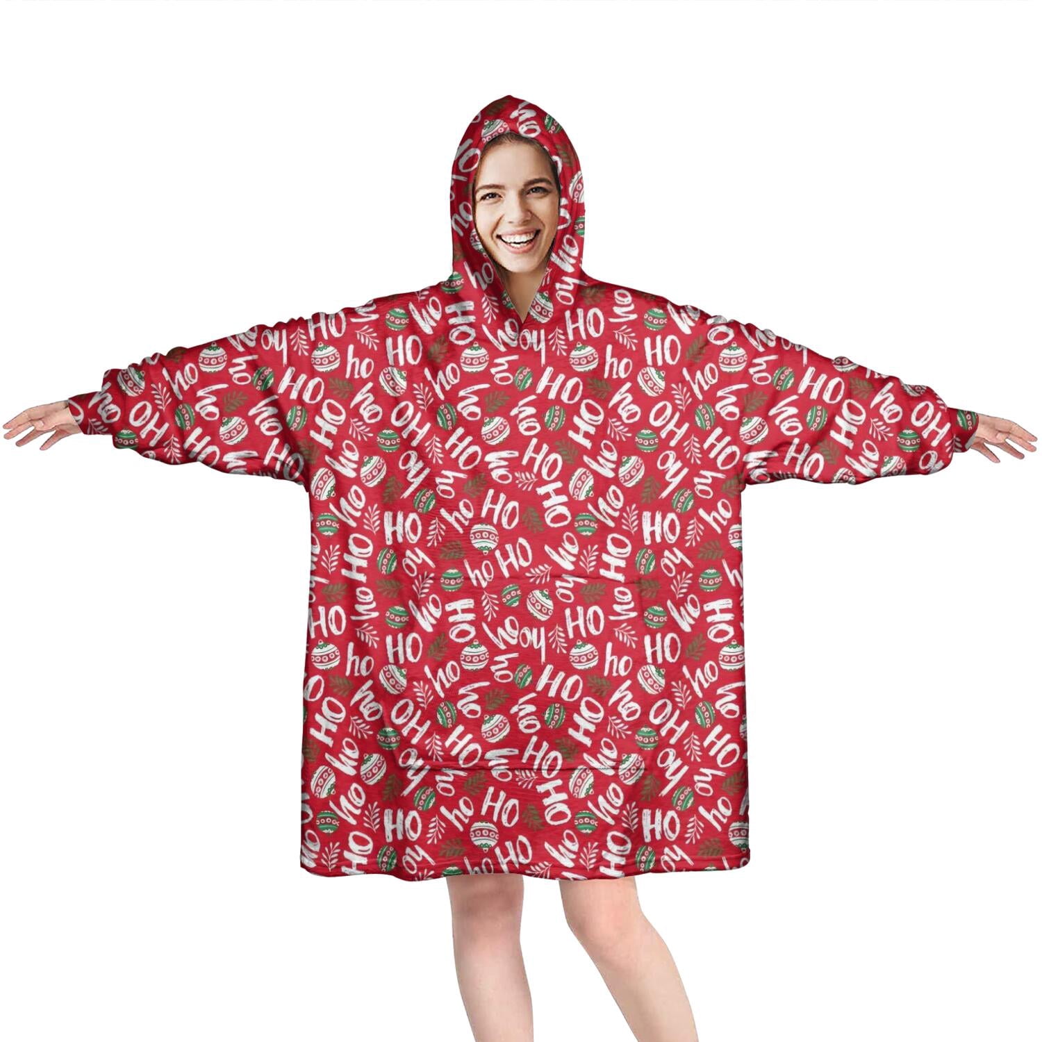 Wearable Oversized Blanket,Red Christmas HO Pattern Wearable Blanket Hoodie for Adults,Cozy Hooded Blankets with Super Pockets,Super Warm Fuzzy Pullover for Women & Men