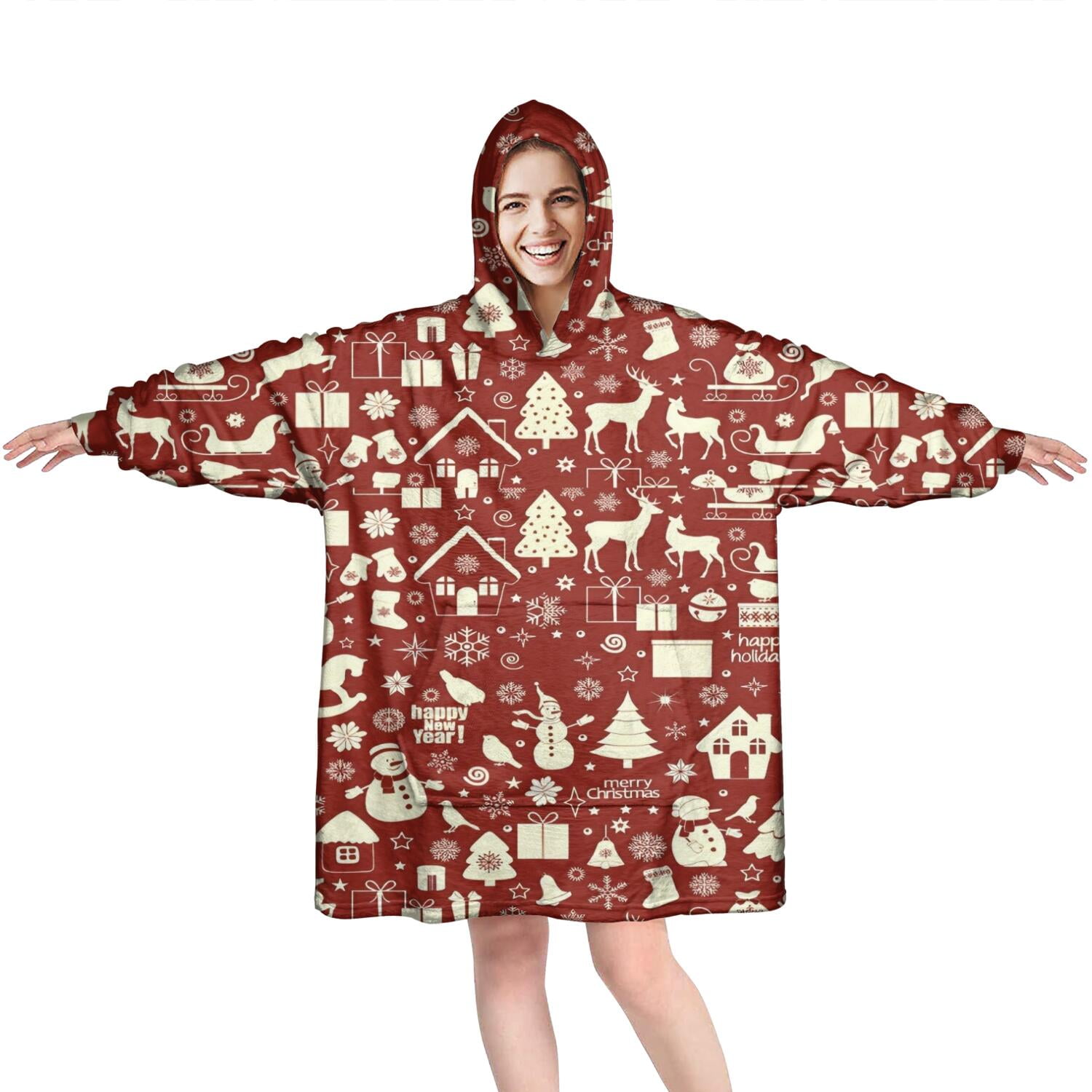 Wearable Oversized Blanket,Red Christmas Icon Pattern Wearable Blanket Hoodie for Adults,Cozy Hooded Blankets with Super Pockets,Super Warm Fuzzy Pullover for Women & Men