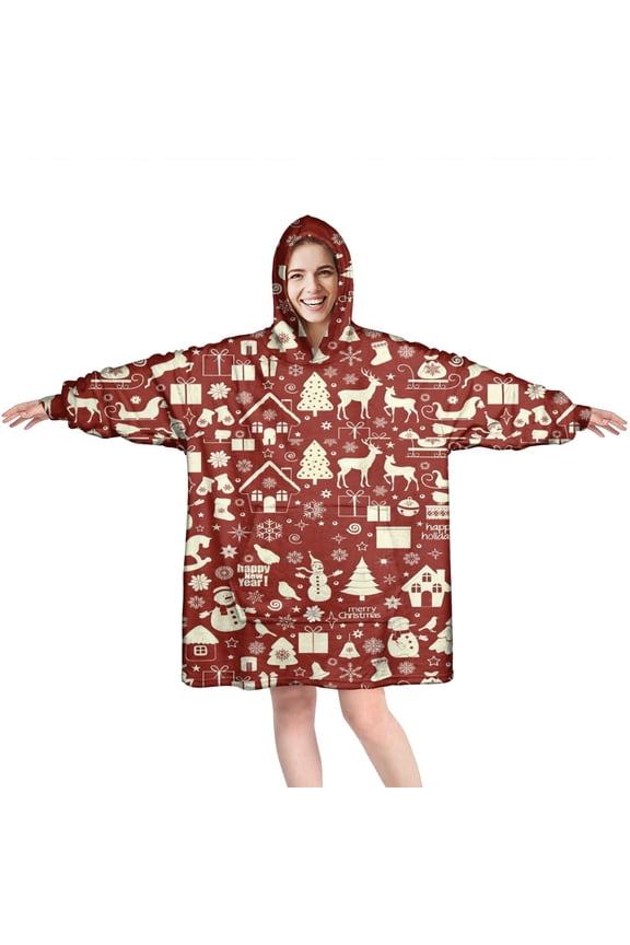 Wearable Oversized Blanket,Red Christmas Icon Pattern Wearable Blanket Hoodie for Adults,Cozy Hooded Blankets with Super Pockets,Super Warm Fuzzy Pullover for Women & Men