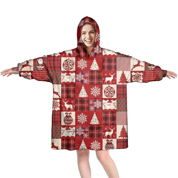 Wearable Oversized Blanket,Red Christmas Patchwork Pattern Wearable Blanket Hoodie for Adults,Cozy Hooded Blankets with Super Pockets,Super Warm Fuzzy Pullover for Women & Men