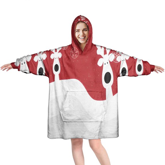 Wearable Oversized Blanket,Red Christmas Reindeer Pattern Wearable Blanket Hoodie for Adults,Cozy Hooded Blankets with Super Pockets,Super Warm Fuzzy Pullover for Women & Men