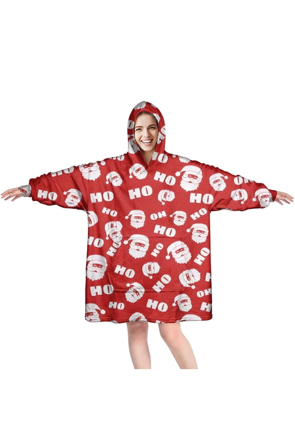 Wearable Oversized Blanket,Red Christmas Santa Pattern Wearable Blanket Hoodie for Adults,Cozy Hooded Blankets with Super Pockets,Super Warm Fuzzy Pullover for Women & Men