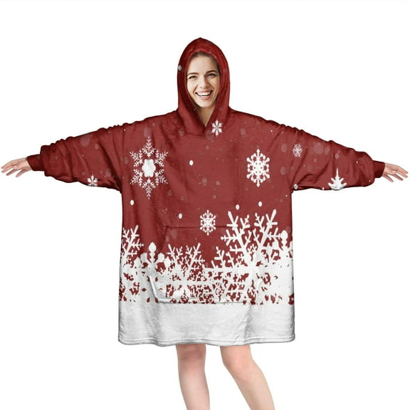 Wearable Oversized Blanket,Red Christmas Snowflake Pattern Wearable Blanket Hoodie for Adults,Cozy Hooded Blankets with Super Pockets,Super Warm Fuzzy Pullover for Women & Men