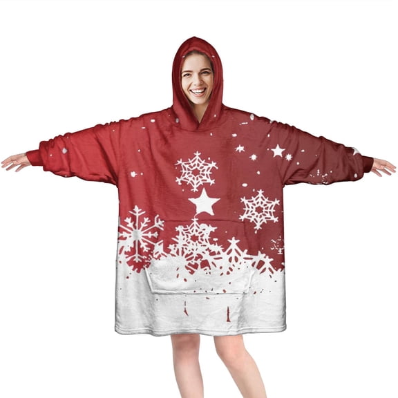 Wearable Oversized Blanket,Red Christmas Snowflake Pattern Wearable Blanket Hoodie for Adults,Cozy Hooded Blankets with Super Pockets,Super Warm Fuzzy Pullover for Women & Men
