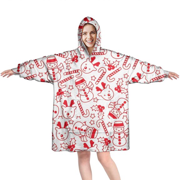 Wearable Oversized Blanket,Red Christmas Snowman Pattern Wearable Blanket Hoodie for Adults,Cozy Hooded Blankets with Super Pockets,Super Warm Fuzzy Pullover for Women & Men