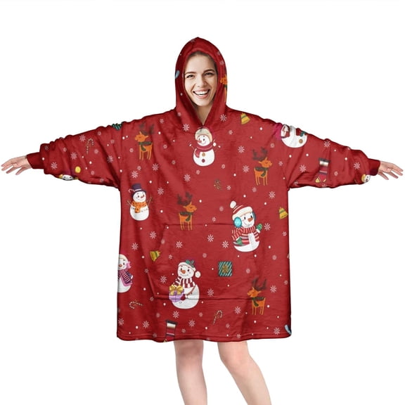 Wearable Oversized Blanket,Red Christmas Snowman Pattern Wearable Blanket Hoodie for Adults,Cozy Hooded Blankets with Super Pockets,Super Warm Fuzzy Pullover for Women & Men
