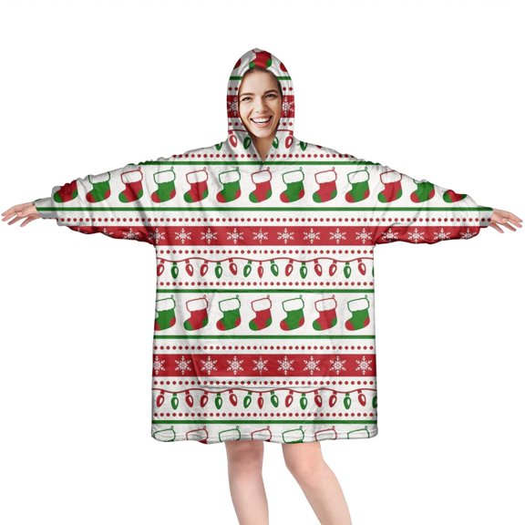 Wearable Oversized Blanket,Red Christmas Stocking and Snowflake Pattern Wearable Blanket Hoodie for Adults,Cozy Hooded Blankets with Super Pockets,Super Warm Fuzzy Pullover for Women & Men