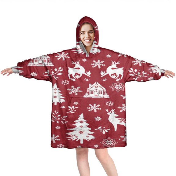 Wearable Oversized Blanket,Red Christmas Tree and Deer Pattern Wearable Blanket Hoodie for Adults,Cozy Hooded Blankets with Super Pockets,Super Warm Fuzzy Pullover for Women & Men