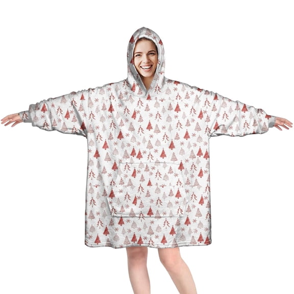 Wearable Oversized Blanket,Red Christmas Tree Pattern Wearable Blanket Hoodie for Adults,Cozy Hooded Blankets with Super Pockets,Super Warm Fuzzy Pullover for Women & Men
