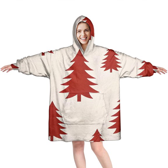 Wearable Oversized Blanket,Red Christmas Tree Pattern Wearable Blanket Hoodie for Adults,Cozy Hooded Blankets with Super Pockets,Super Warm Fuzzy Pullover for Women & Men