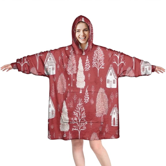 Wearable Oversized Blanket,Red Christmas Village Pattern Wearable Blanket Hoodie for Adults,Cozy Hooded Blankets with Super Pockets,Super Warm Fuzzy Pullover for Women & Men