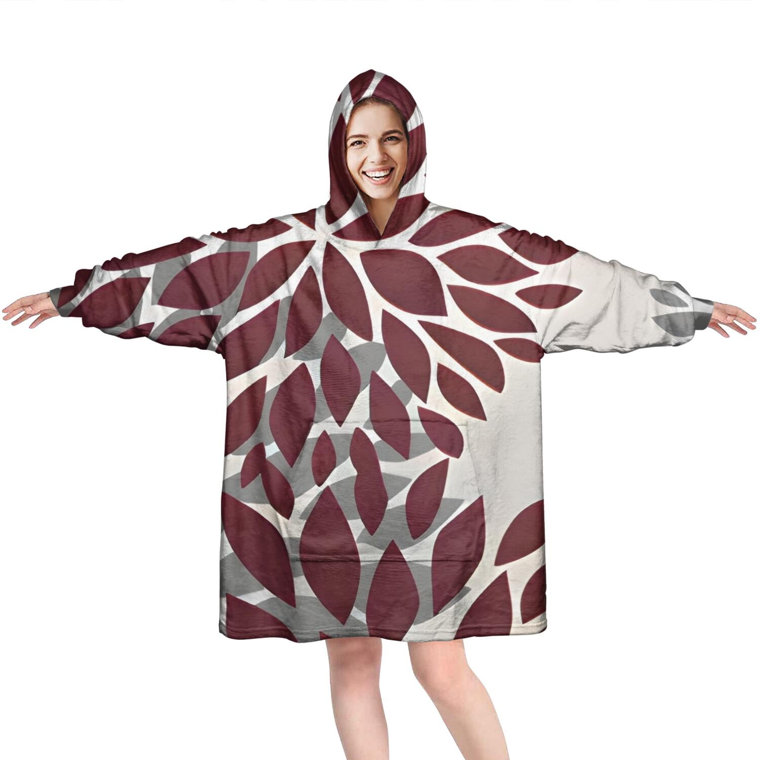 Wearable Oversized Blanket,Red and Gray Floral Pattern Wearable Blanket Hoodie for Adults,Cozy Hooded Blankets with Super Pockets,Super Warm Fuzzy Pullover for Women & Men