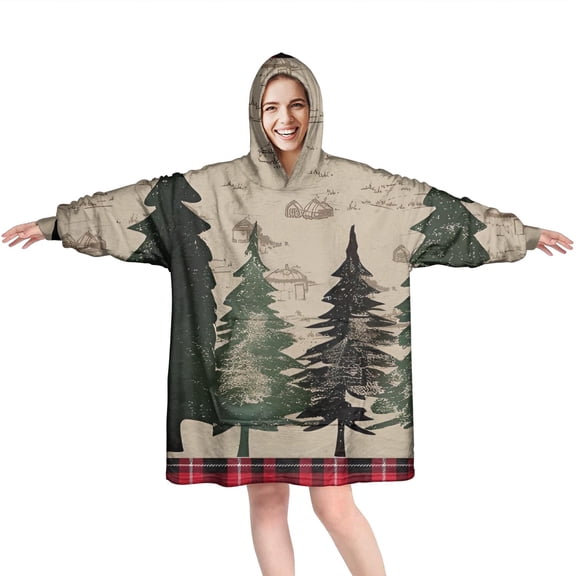 Wearable Oversized Blanket,Red and Green Christmas Pattern Wearable Blanket Hoodie for Adults,Cozy Hooded Blankets with Super Pockets,Super Warm Fuzzy Pullover for Women & Men