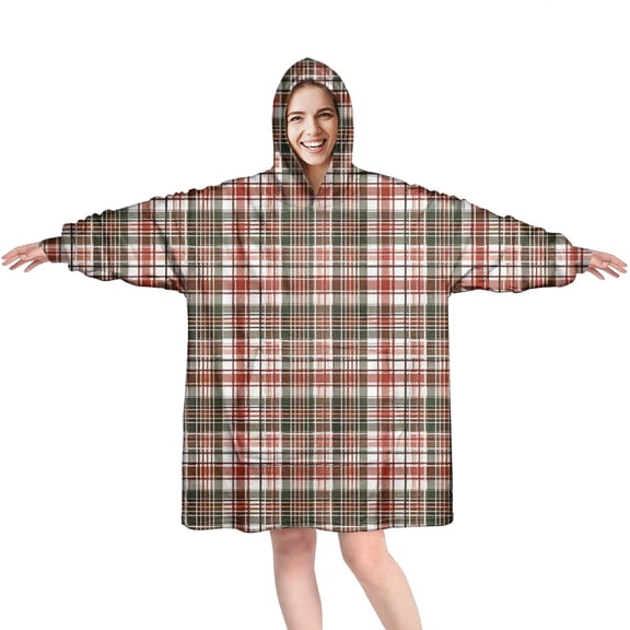 Wearable Oversized Blanket,Red and Green Christmas Plaid Pattern Wearable Blanket Hoodie for Adults,Cozy Hooded Blankets with Super Pockets,Super Warm Fuzzy Pullover for Women & Men