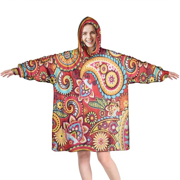Wearable Oversized Blanket,Red Pioneer Flower and Paisley Pattern Wearable Blanket Hoodie for Adults,Cozy Hooded Blankets with Super Pockets,Super Warm Fuzzy Pullover for Women & Men