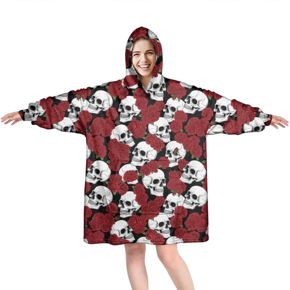 Wearable Oversized Blanket,Red Skull Rose Pattern Wearable Blanket Hoodie for Adults,Cozy Hooded Blankets with Super Pockets,Super Warm Fuzzy Pullover for Women & Men