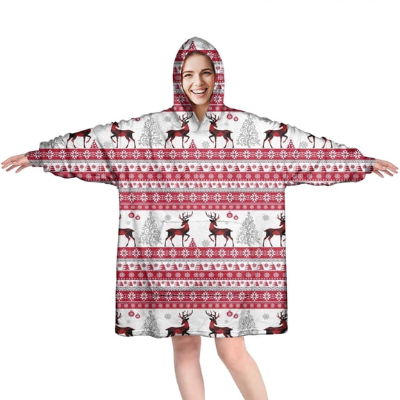 Wearable Oversized Blanket,Red and White Christmas Reindeer Pattern Wearable Blanket Hoodie for Adults,Cozy Hooded Blankets with Super Pockets,Super Warm Fuzzy Pullover for Women & Men