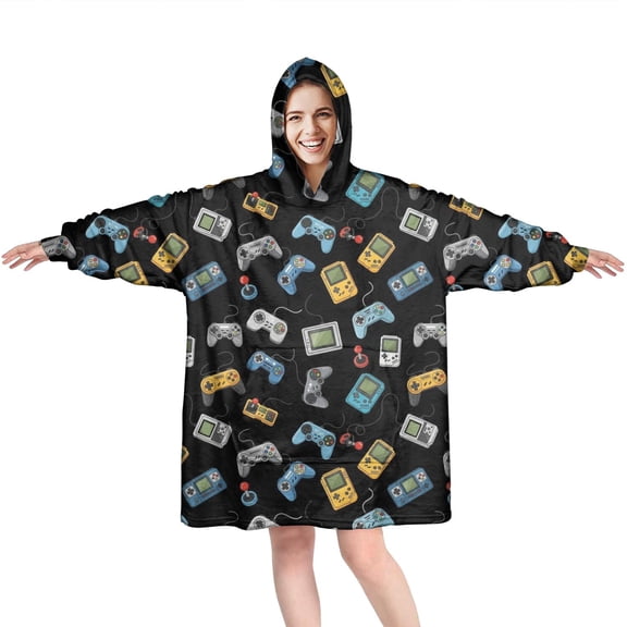 Wearable Oversized Blanket,Retro Games Devices Black Pattern Wearable Blanket Hoodie for Adults,Cozy Hooded Blankets with Super Pockets,Super Warm Fuzzy Pullover for Women & Men