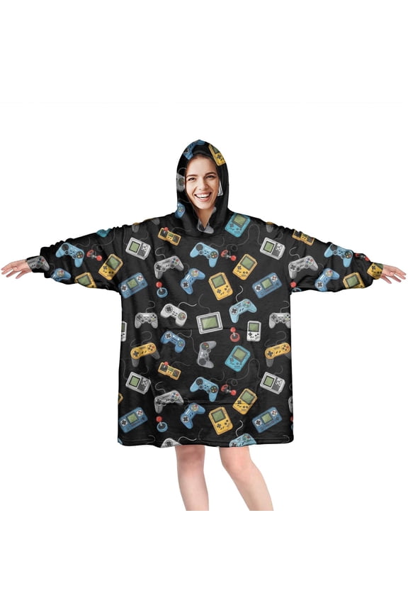 Wearable Oversized Blanket,Retro Games Devices Black Pattern Wearable Blanket Hoodie for Adults,Cozy Hooded Blankets with Super Pockets,Super Warm Fuzzy Pullover for Women & Men