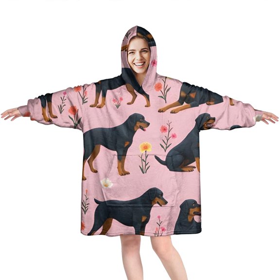 Wearable Oversized Blanket,Rottweiler Dogs with Pioneer Flower Wearable Blanket Hoodie for Adults,Cozy Hooded Blankets with Super Pockets,Super Warm Fuzzy Pullover for Women & Men