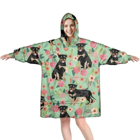 Wearable Oversized Blanket,Rottweiler with Pioneer Flower Wearable Blanket Hoodie for Adults,Cozy Hooded Blankets with Super Pockets,Super Warm Fuzzy Pullover for Women & Men