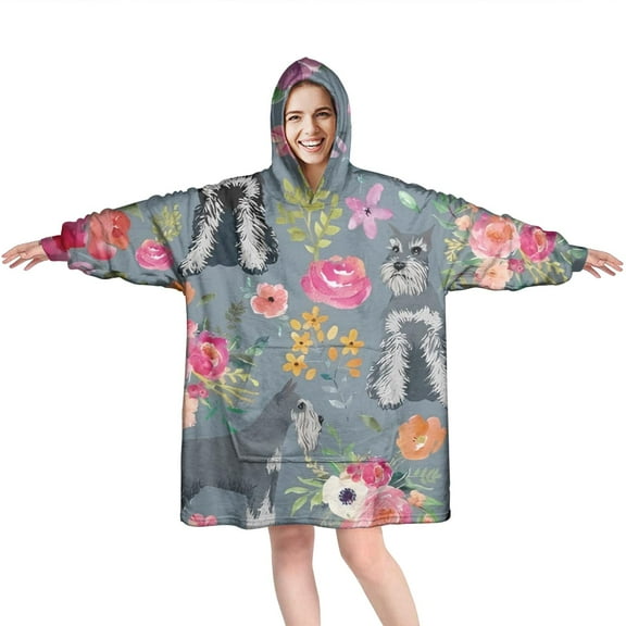 Wearable Oversized Blanket,Schnauzer and Pioneer Flower Wearable Blanket Hoodie for Adults,Cozy Hooded Blankets with Super Pockets,Super Warm Fuzzy Pullover for Women & Men