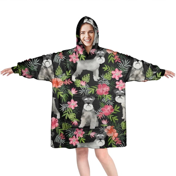 Wearable Oversized Blanket,Schnauzer with Pioneer Flower Wearable Blanket Hoodie for Adults,Cozy Hooded Blankets with Super Pockets,Super Warm Fuzzy Pullover for Women & Men