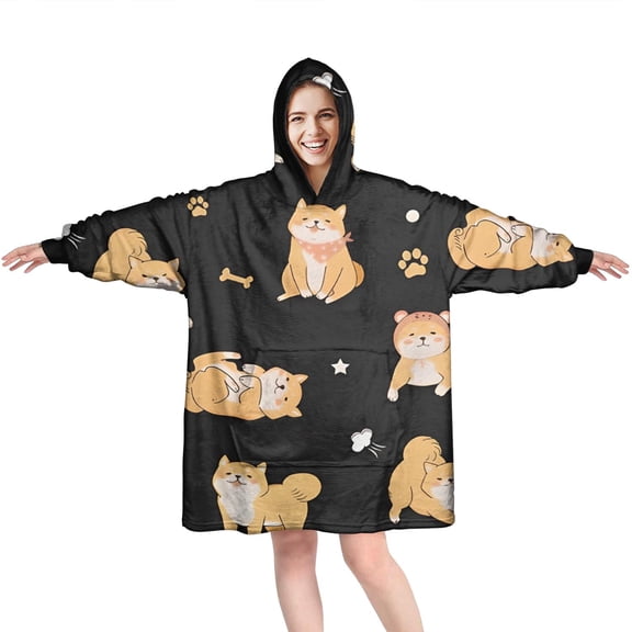 Wearable Oversized Blanket,Shiba Inu Wearable Blanket Hoodie for Adults,Cozy Hooded Blankets with Super Pockets,Super Warm Fuzzy Pullover for Women & Men