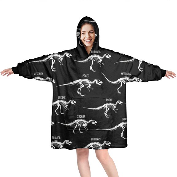 Wearable Oversized Blanket,Skeleton Dinosaurs Labels Wearable Blanket Hoodie for Adults,Cozy Hooded Blankets with Super Pockets,Super Warm Fuzzy Pullover for Women & Men