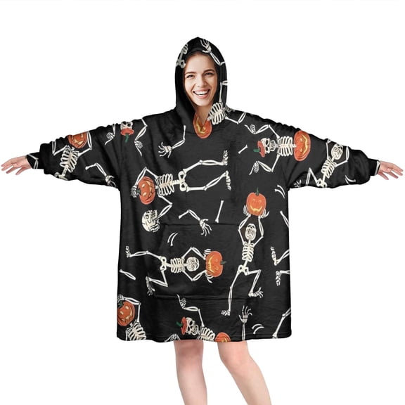 Wearable Oversized Blanket,Skeleton Pumpkin Halloween Pattern Wearable Blanket Hoodie for Adults,Cozy Hooded Blankets with Super Pockets,Super Warm Fuzzy Pullover for Women & Men
